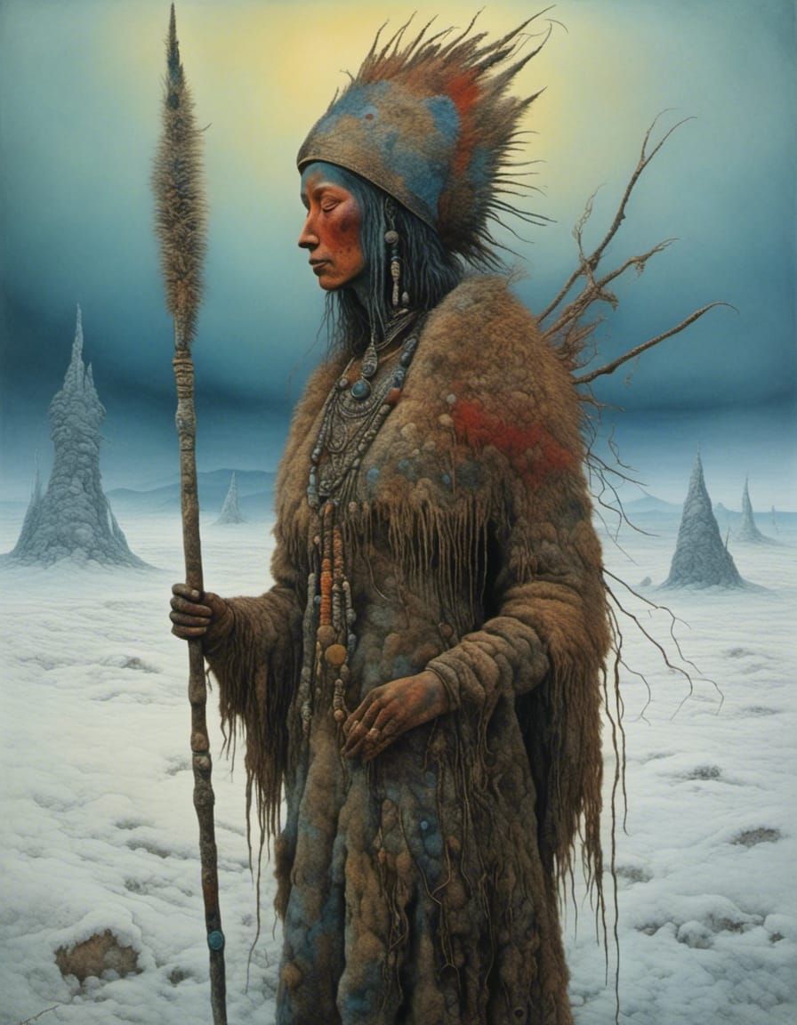 <lora:StrangeWorldShaman:1.0> A primitive human woman wearing seal-skin clothing stands in an icy landscape. She is hold...