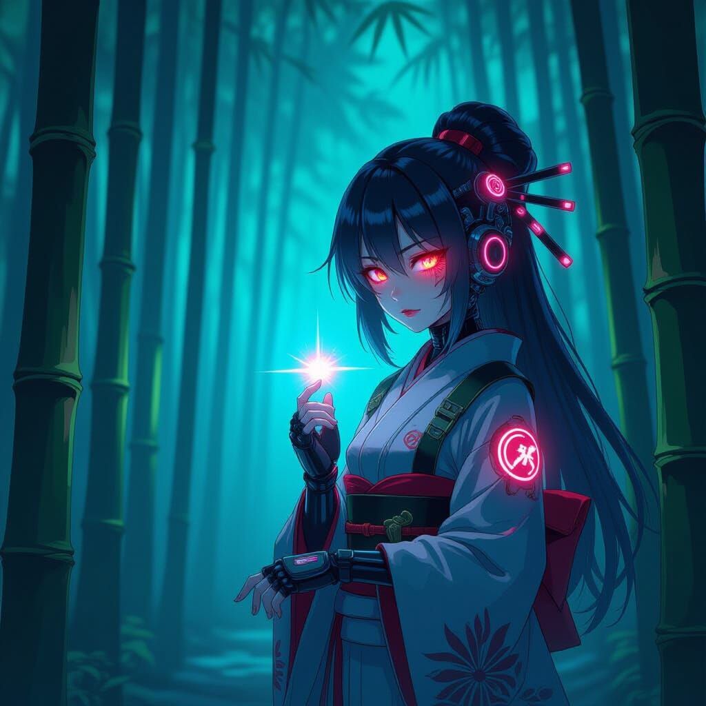 Cybernetic Shrine Maiden in Neon Bamboo Forest as Cel-Shaded...