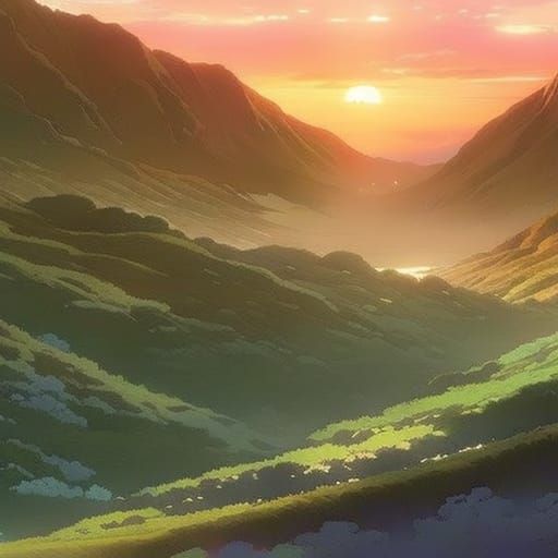 Purple Sunset in Anime Key Visual Style