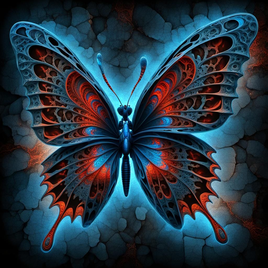 Luminous Neon Butterfly on Black X: Surreal Digital Art