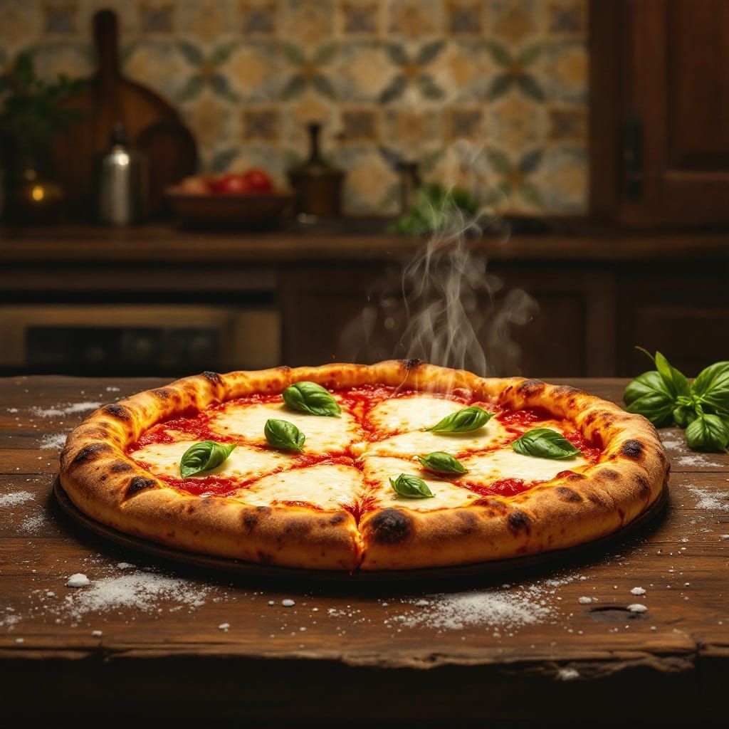 Sizzling Italian Pizza on Worn Wooden Table