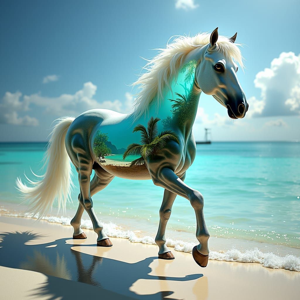 a beautiful horse made of white glass invisibel with a miniature Caribbean underwater world inside the entire horse Hype...