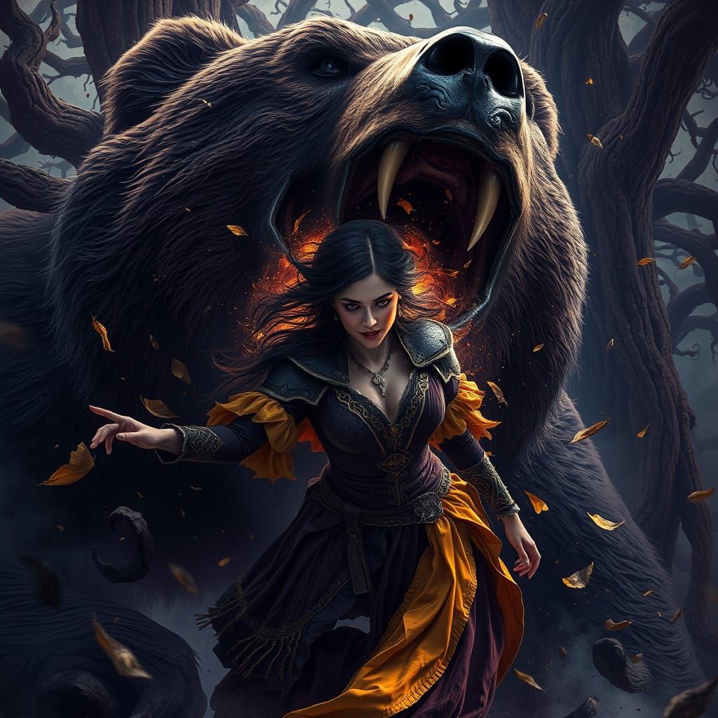 Woman Blown Out of Bear's Mouth in Dark Fantasy Scene