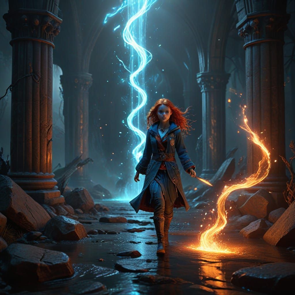 Epic Cinematic Art of Red-Haired Girl with Otter Patronus in...