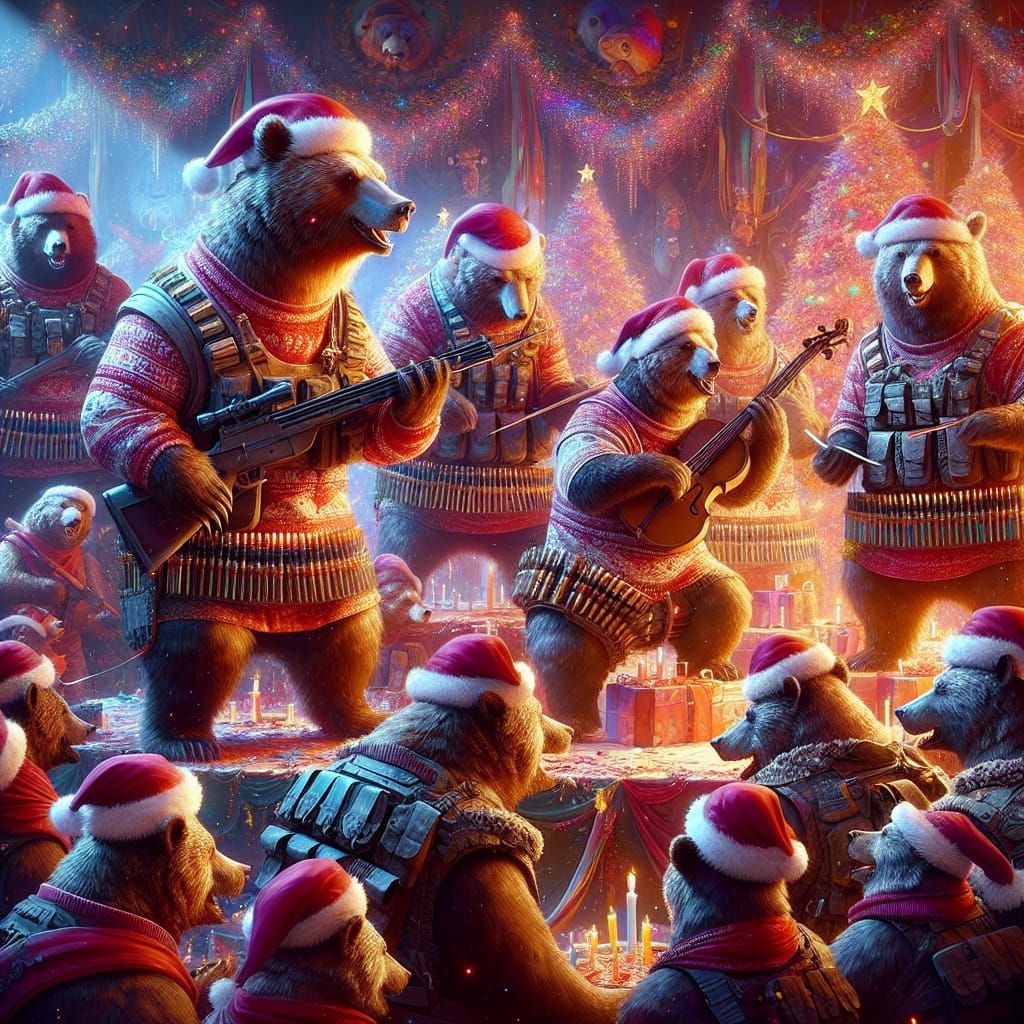 Bears in Santa Hats and Vests Celebrate in Vibrant Fantasy A...