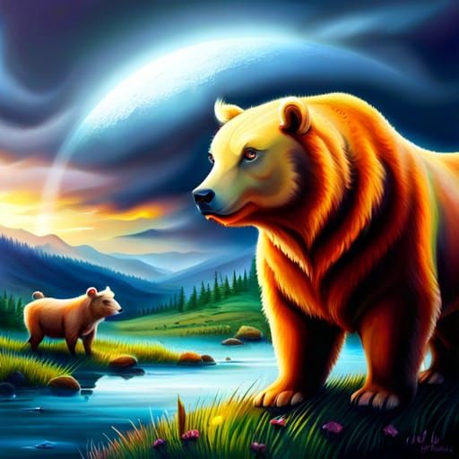 Magic Bear Spirit Gazing at Bull, Digital Art