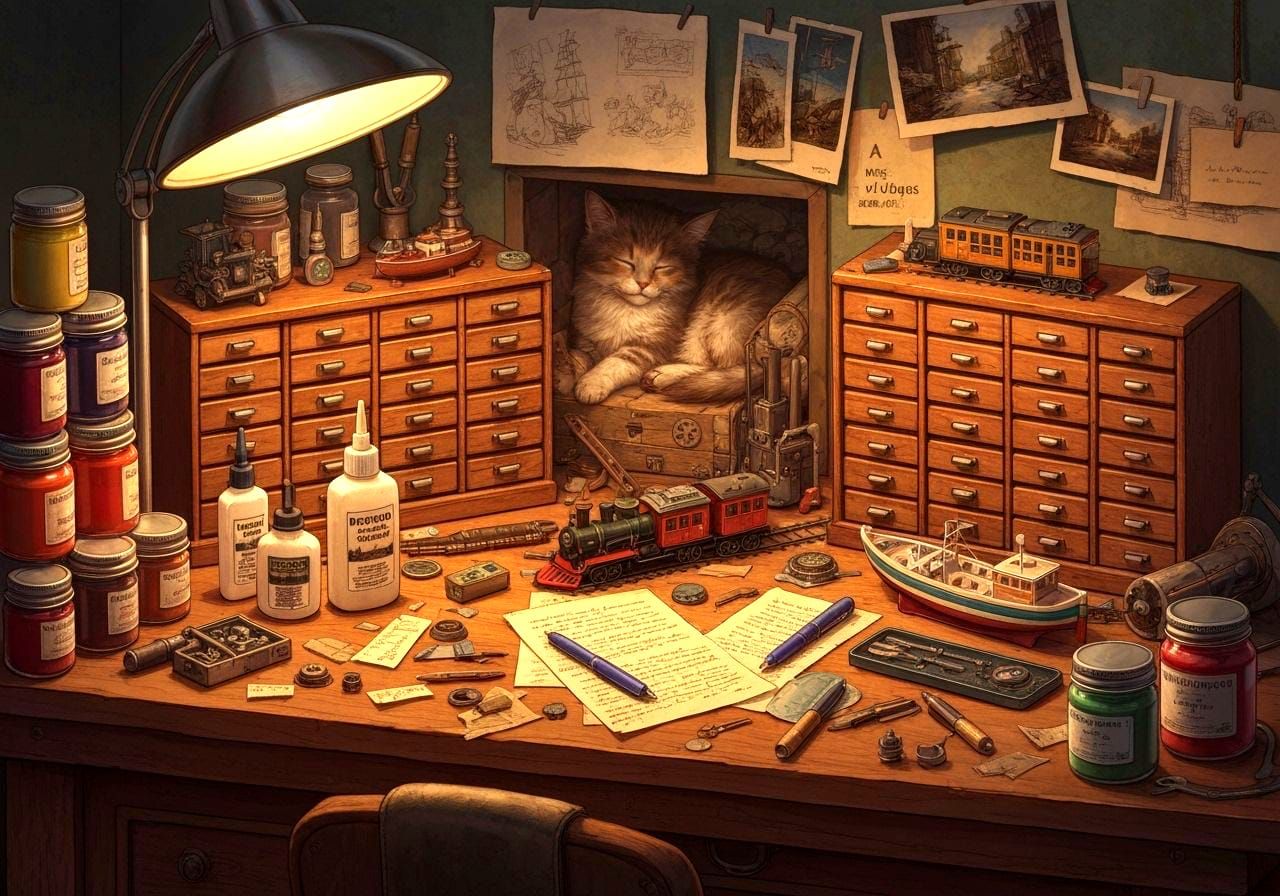 Hobbyist's Work Table with Kitten and Model Trains