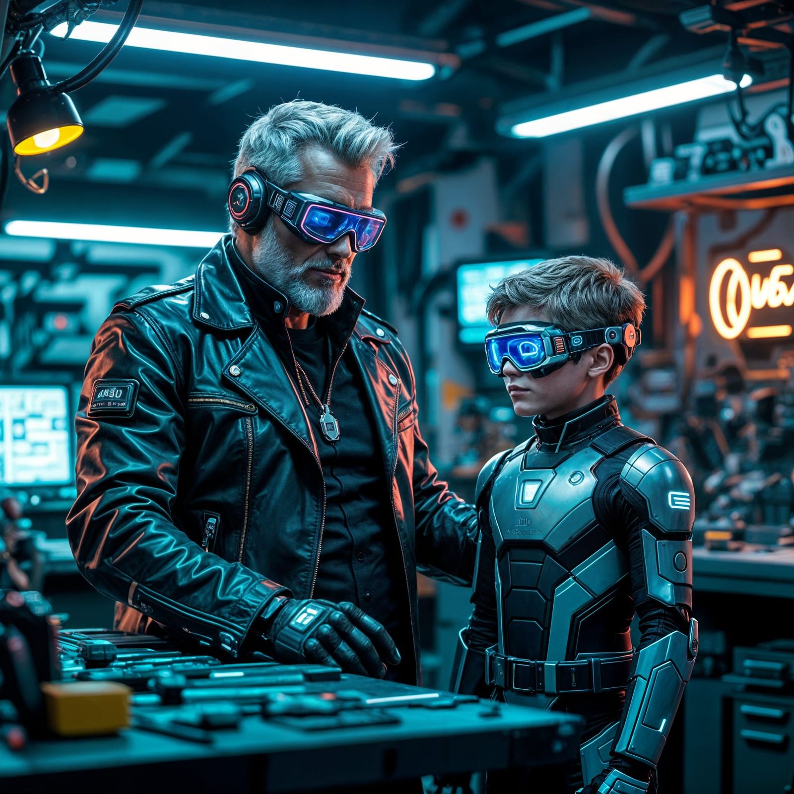 Futuristic Father and Son in Neon Workshop
