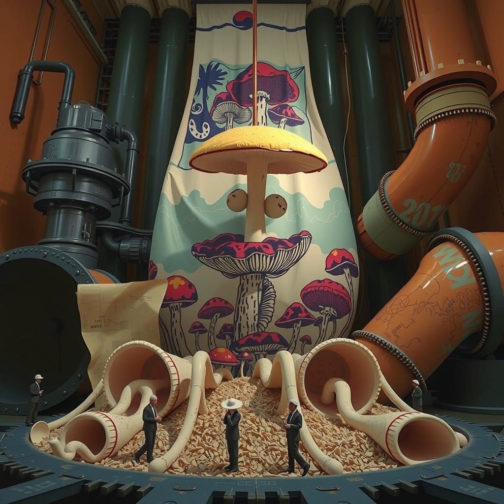 Surreal Blue and White Linocut Mushroom Sculpture in Cyberpu...