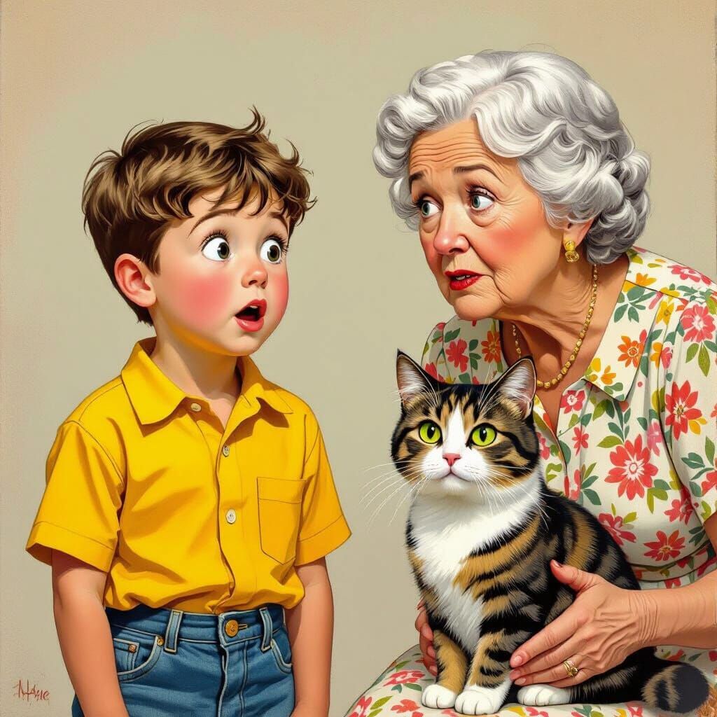 Boy, Grandma, and Confident Cat in Storybook Illustration