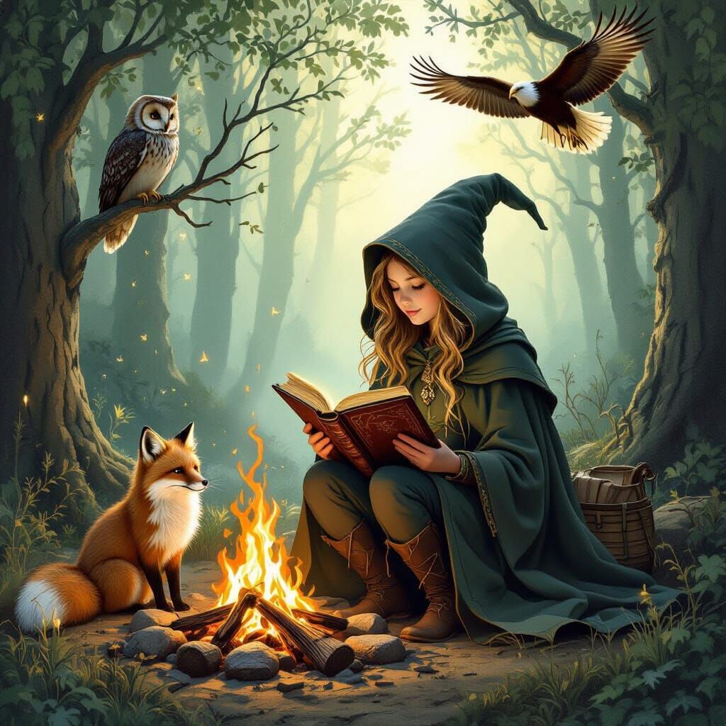 Young Witch Reads by Campfire in Magical Forest
