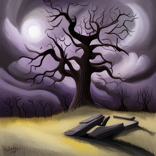 Graveyard Oak Tree with Lightning, Surreal Gouache