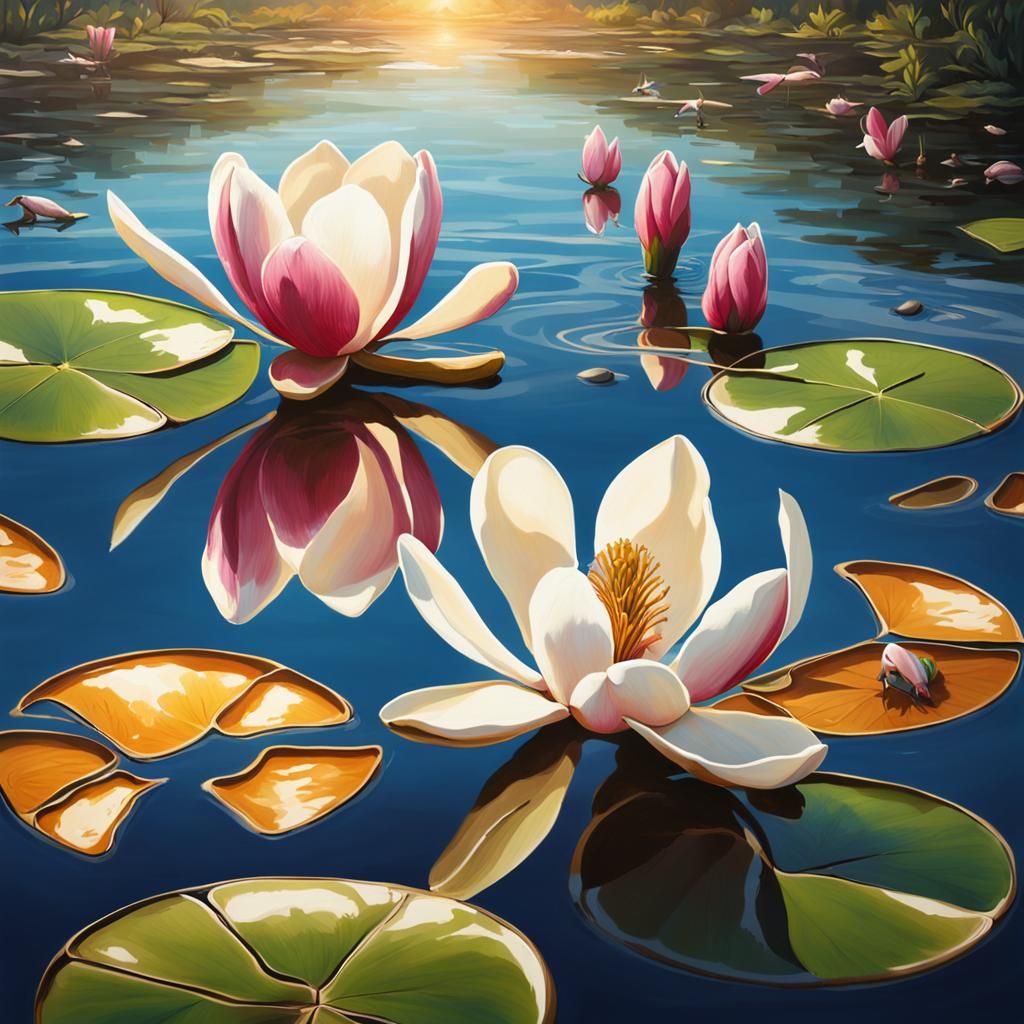 Magnolia Blooms on Pond Surface in Hyperrealism