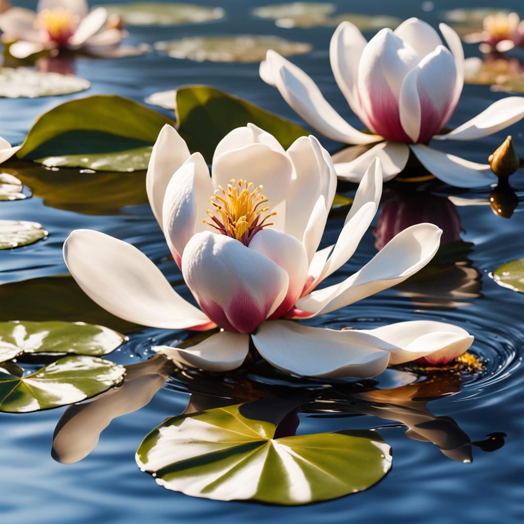 Magnolia Bloom Falling on Pond: Hyperrealistic Splash Art