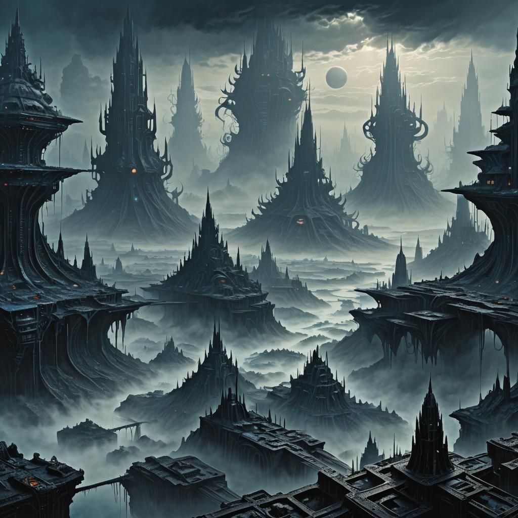 Lovecraftian Biomechanical Cityscape in Fog