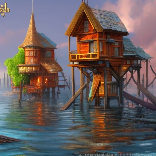 Fantastical Harbor Town on Stilts: Detailed Matte Painting