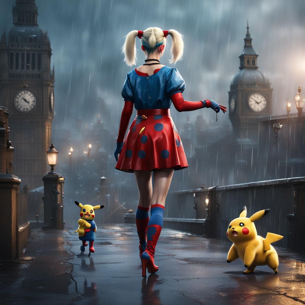 Harley Quinn in London with Pikachu Rain