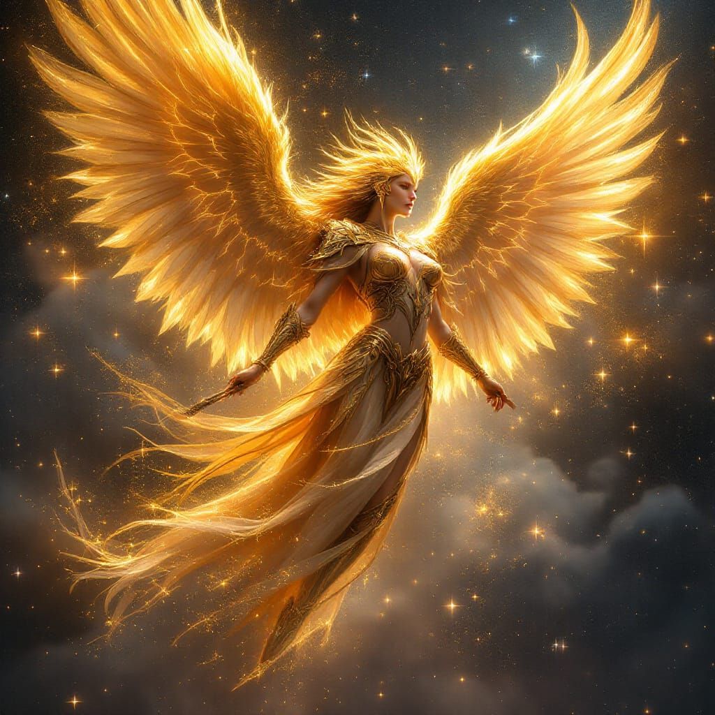 Celestial Bird Warrior Soars Through Starry Cosmos in Golden...