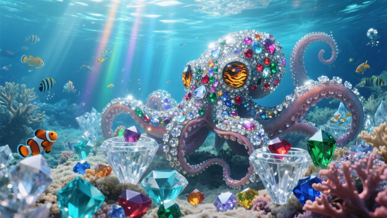 Gemstone Octopus in Crystalline Coral Reef Fantasy