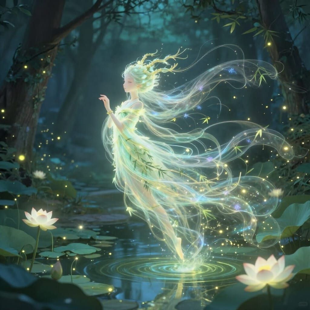 Ethereal Bamboo Spirit Creature Above Lotus Pond