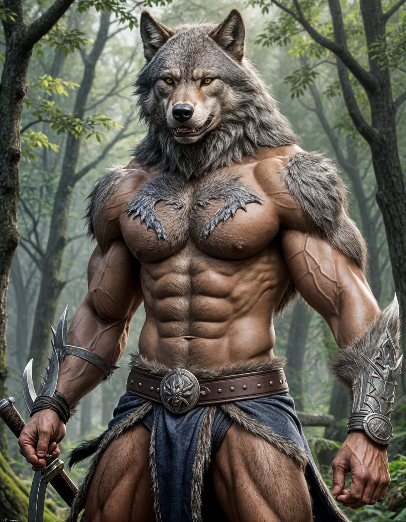 Muscular Wolf-Man Samurai in Hyper Realistic Furry Style