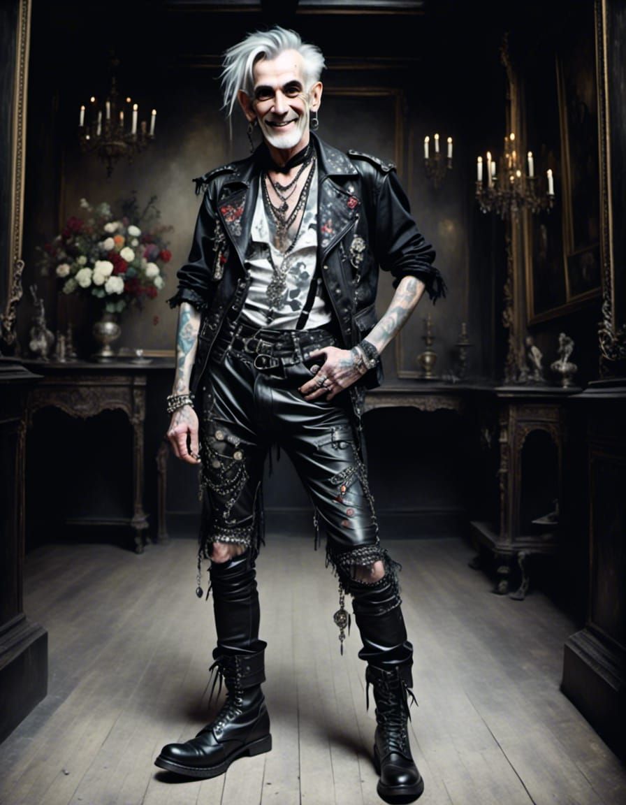 Elderly Punk Man in Goth Style Interior