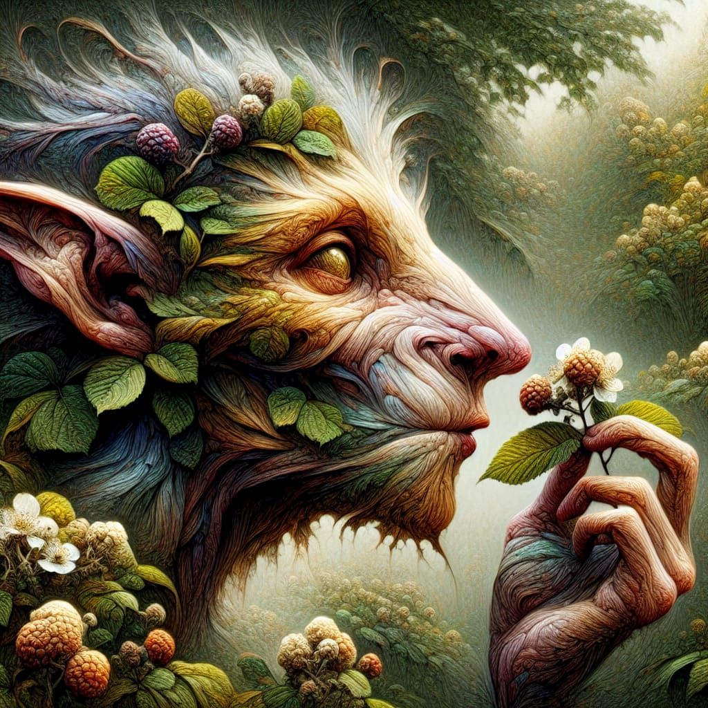 Woodland Elf Smelling Blackberry Blossom in Forest
