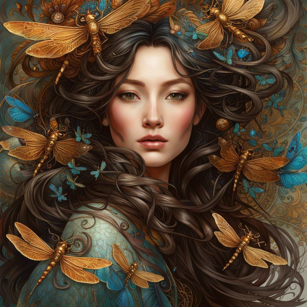 Intricate Portrait of Chinese Woman with Dragonflies