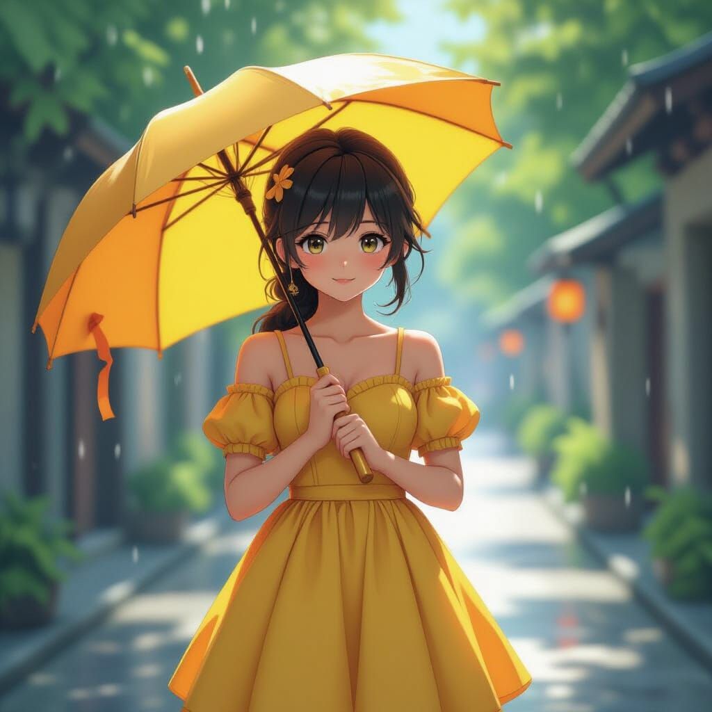 Anime Girl with Yellow Umbrella in Detailed Matte Painting