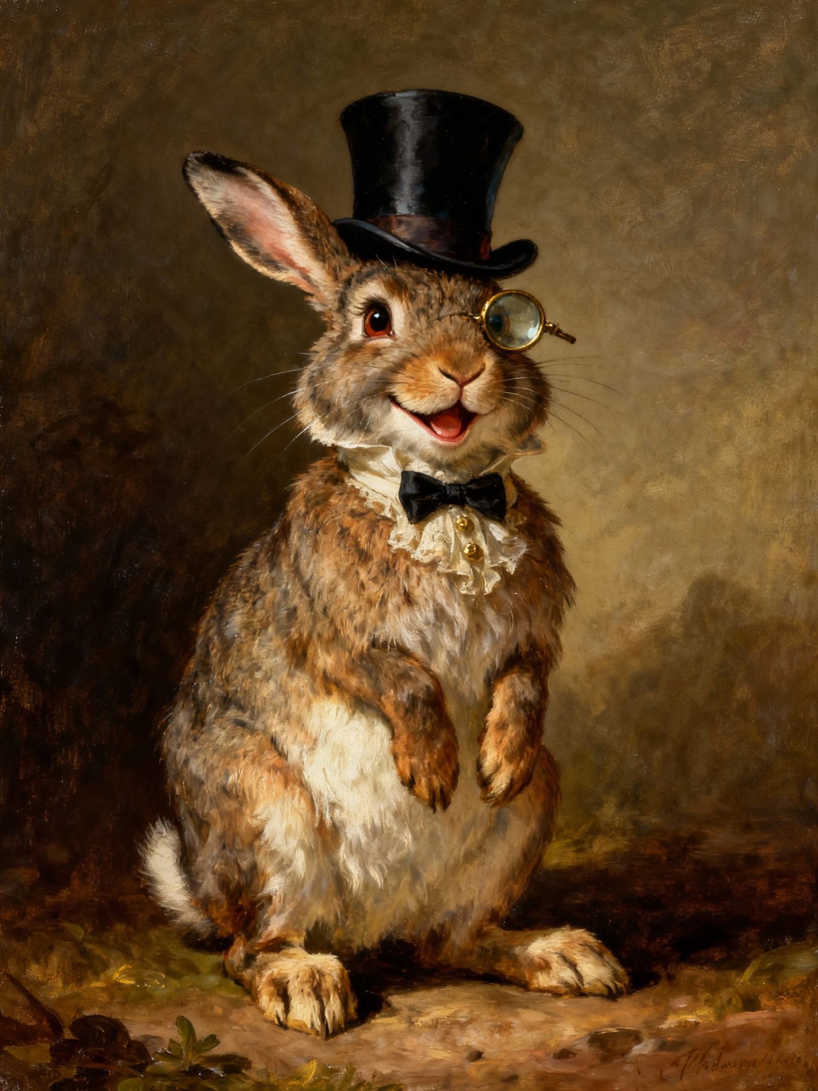 Whimsical Rabbit Portrait with Top Hat and Monocle