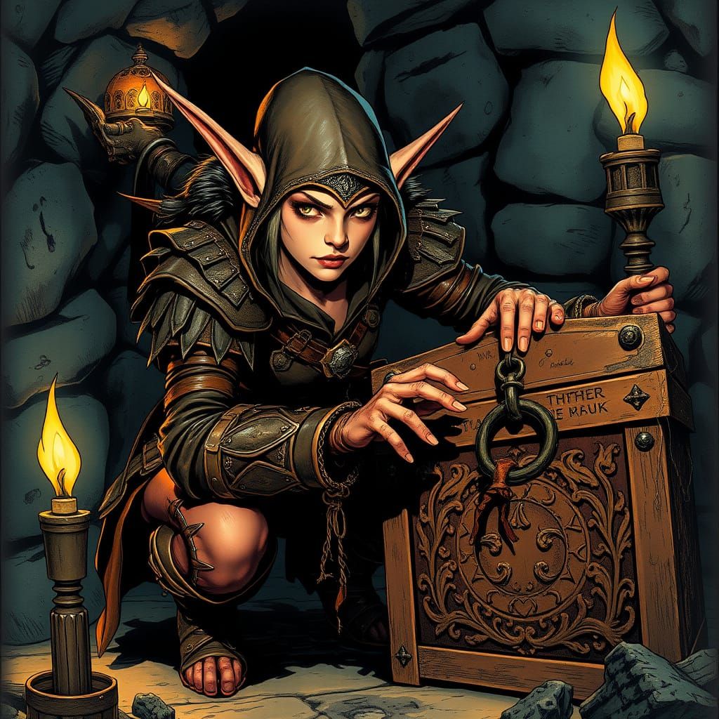 Elven Thief Uncovers Ancient Treasure in a Dungeon Lair