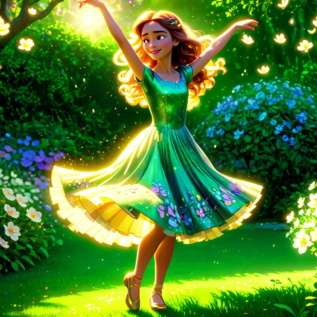 Girl Dancing in Garden in Disney Pixar Style
