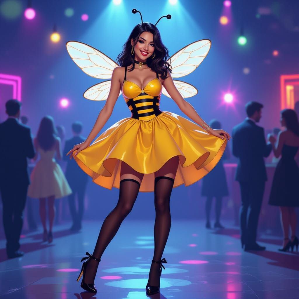 Playful Woman in Bee Dress, Digital Oil Painting