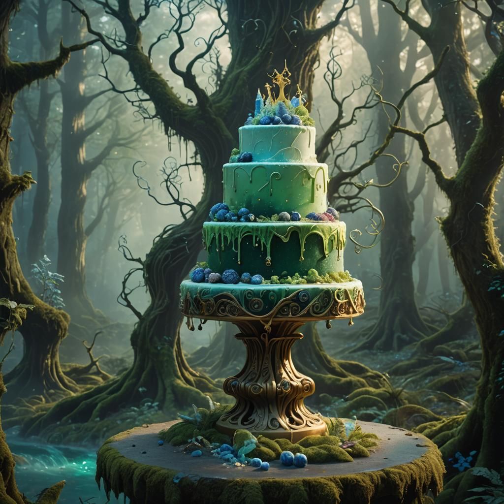Mystical Forest Cake on Ancient Pedestal