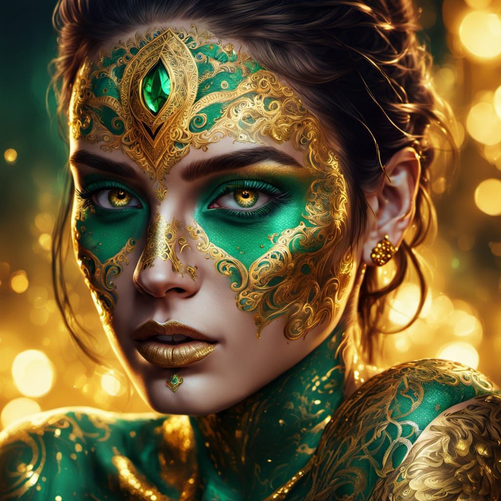 Emerald-Eyed Woman with Golden Tattoos: Digital Art Portrait
