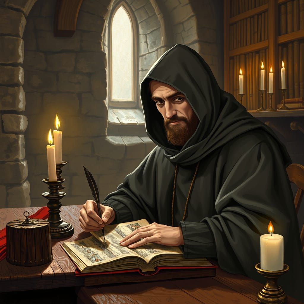 Vatican Monk Writes in Illuminated Book by Candlelight