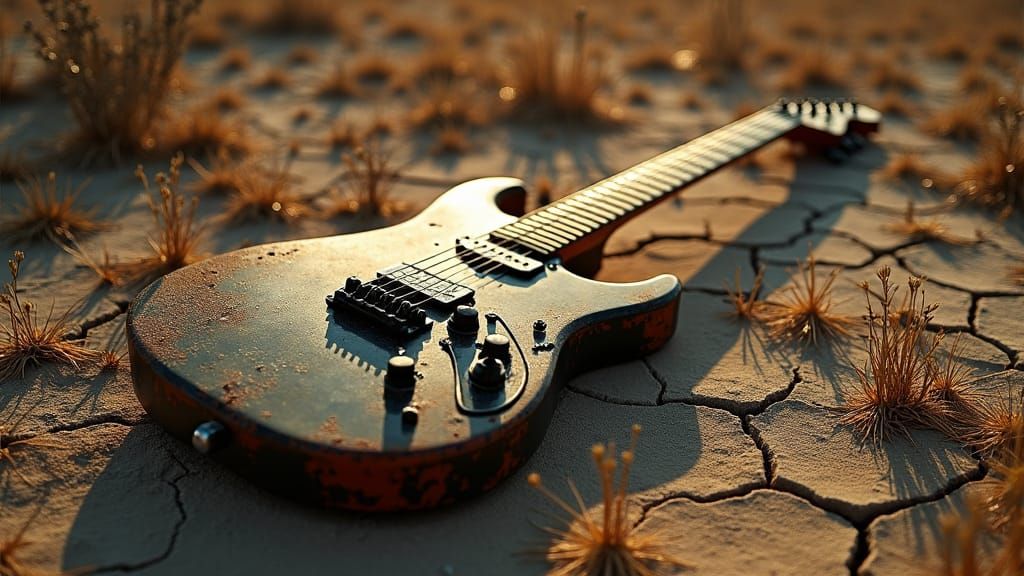 Rustic Guitar in Abandoned Wilderness Landscape