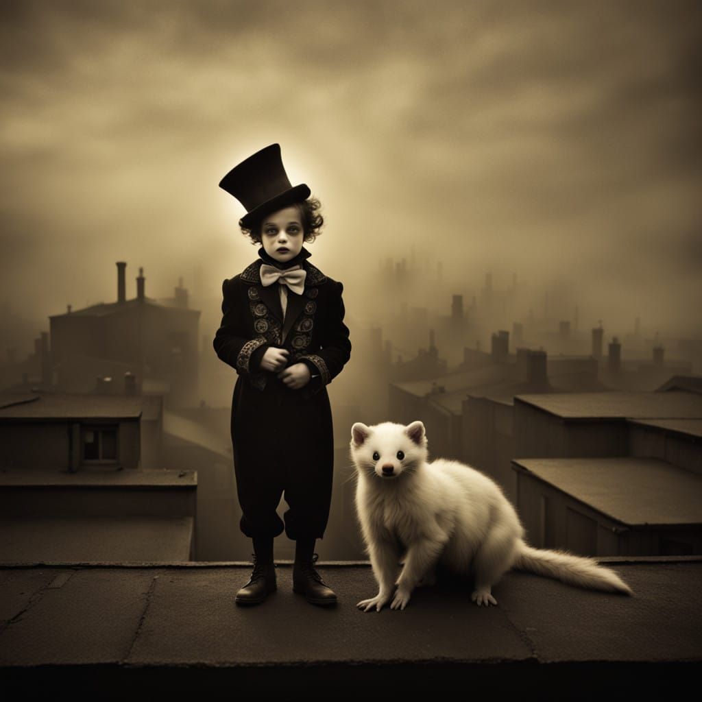 Vintage Pierrot Clown Under Dusk Rooftop Shadows