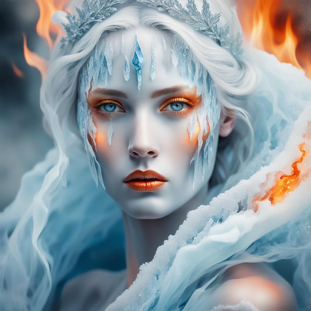 Surreal Fire and Ice Lady Portrait in Watercolor