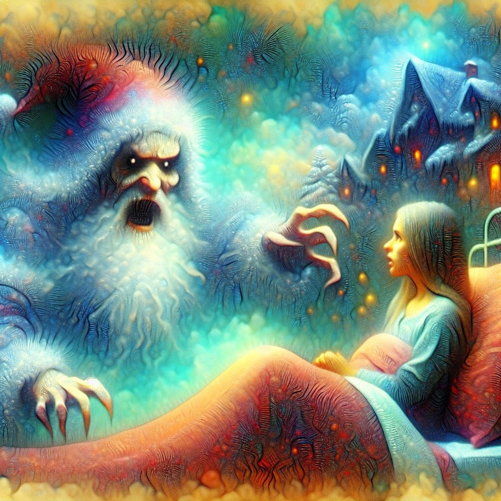 Terrified Scrooge and Ghost: Naive Surreal Watercolor