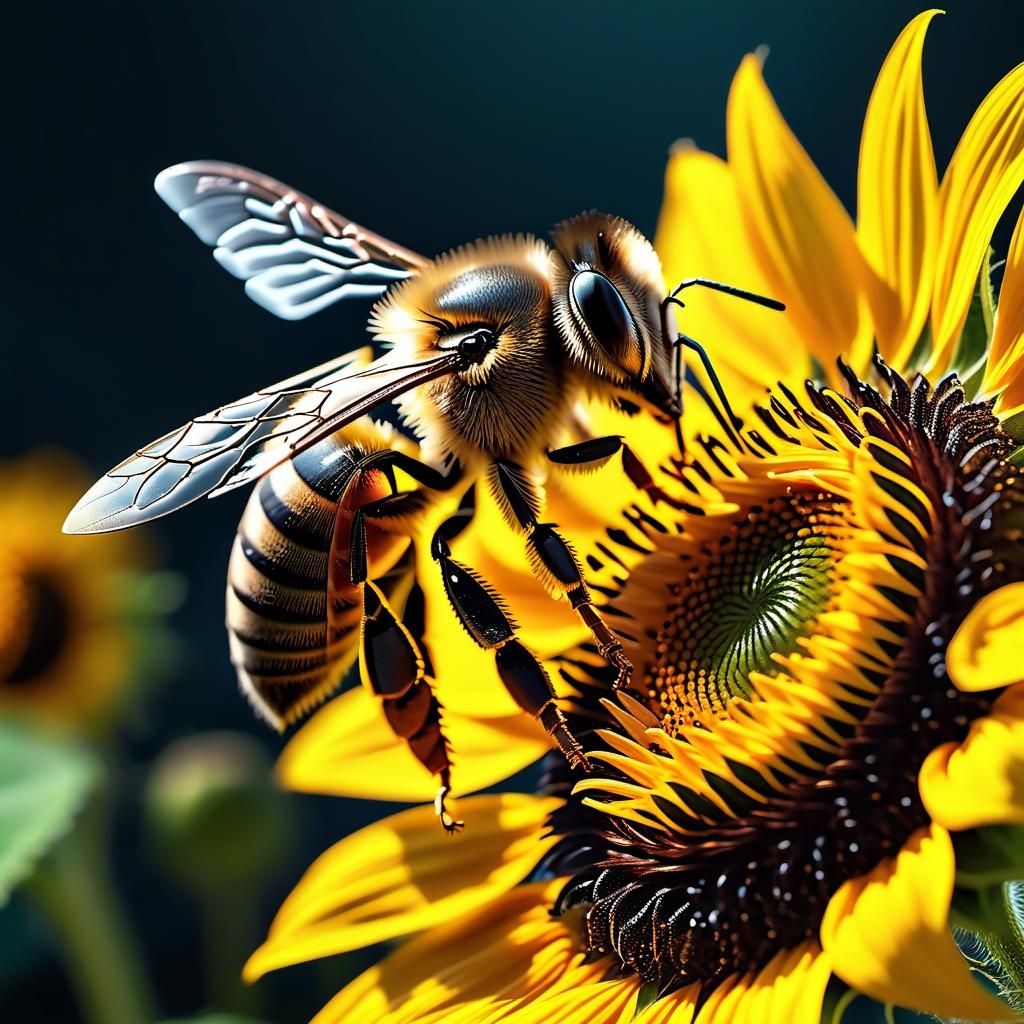 Macro Honey Bee on Sunflower, Detailed Art