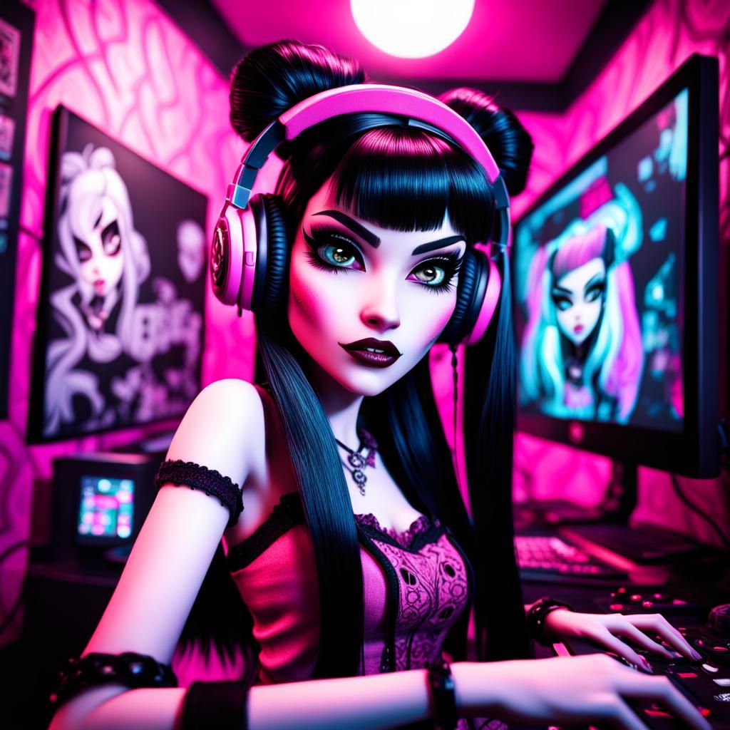 emo draculaura monster high playing video games wearing headphones pink bedroom grunge