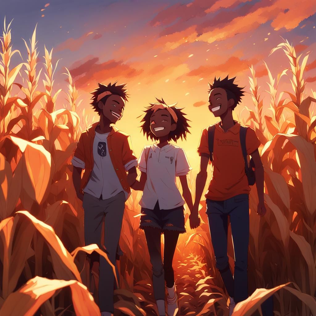 American Teens Stroll in a Vibrant Corn Field Sunset