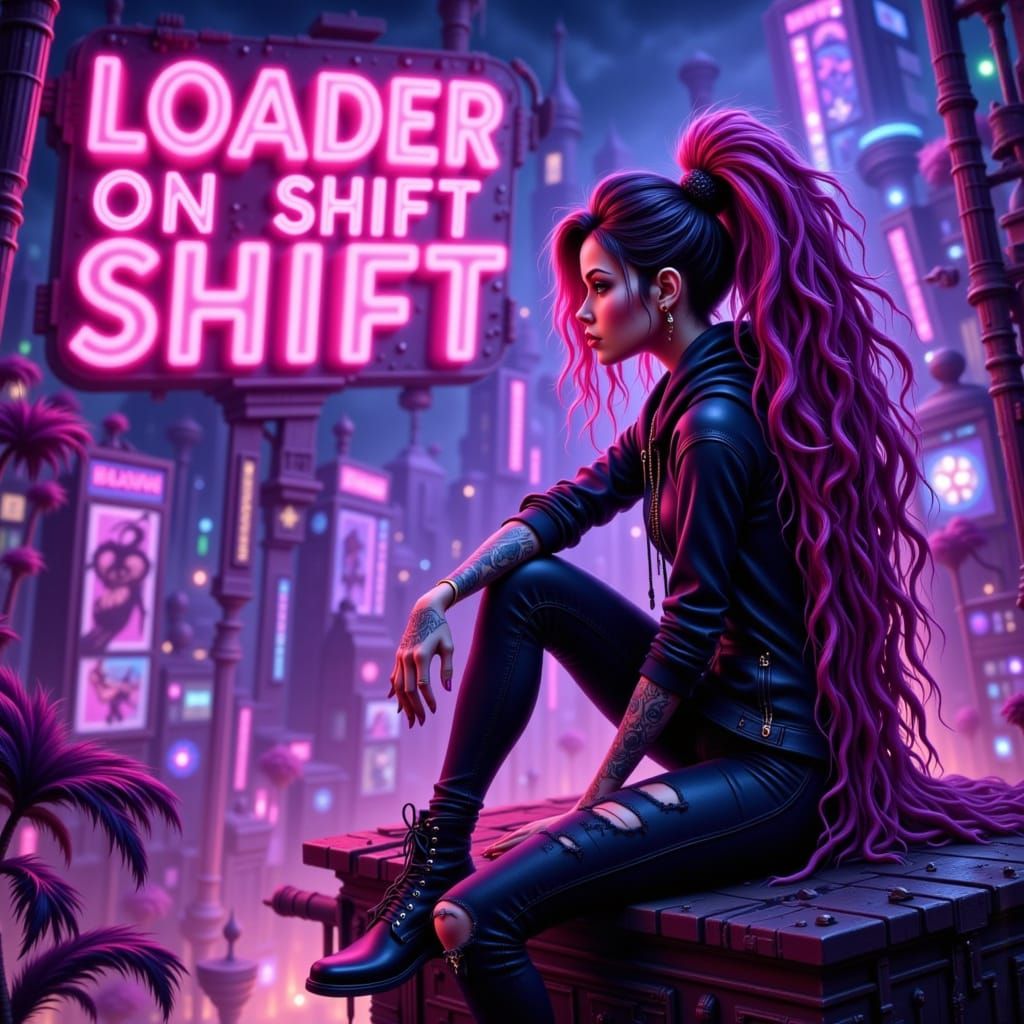 Hispanic Woman Overlooking Neon City in Anime Style