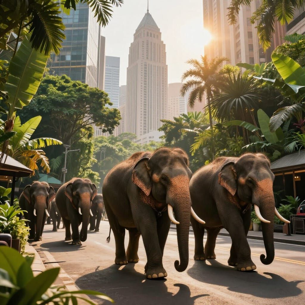 Majestic Elephants Roam a Lush, Realistic City Street