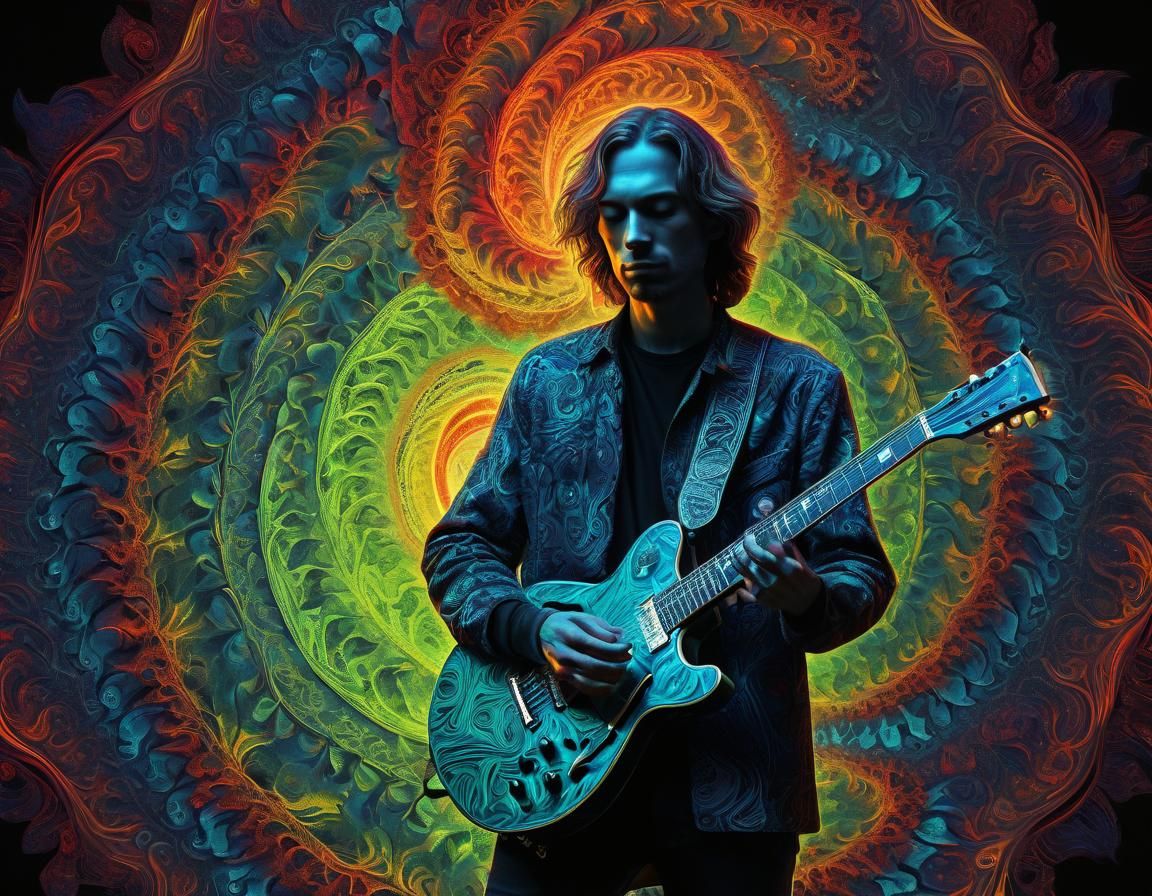 Psychedelic Surrealism: Guitarist in Neon Fractal Dreamscape