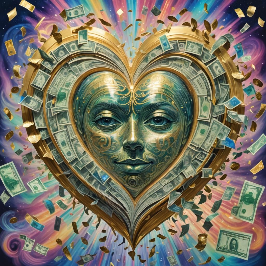 Ethereal Love Heart Made of Currency in Neon Aurora