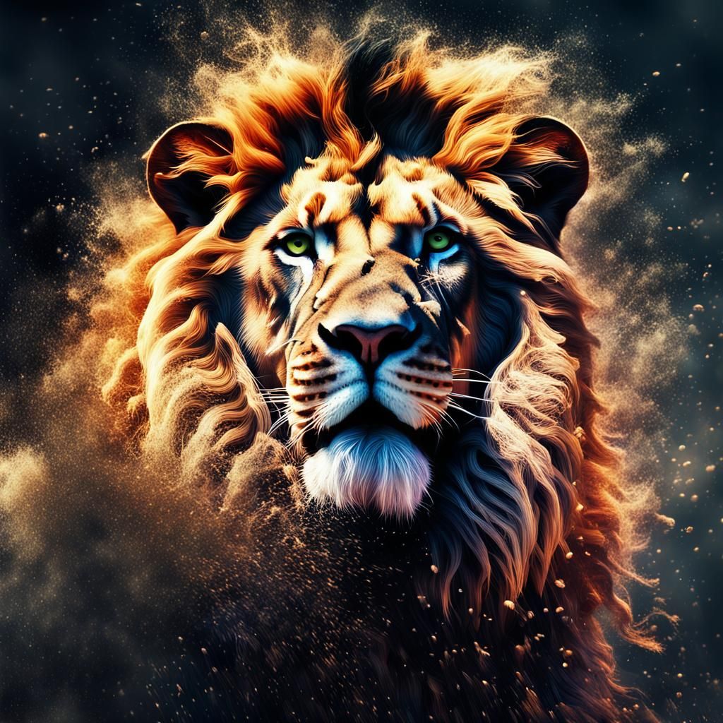 Glitch Art Lion Disintegrating into Digital Particles