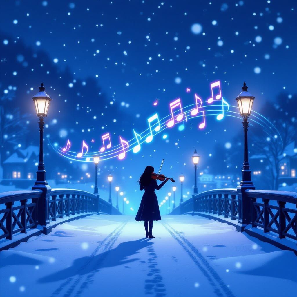 Violinist on Snowy Bridge at Midnight in Vibrant Digital Art