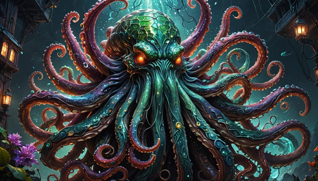 Glittering Kraken in Cosmic Astral Holographic Illustration